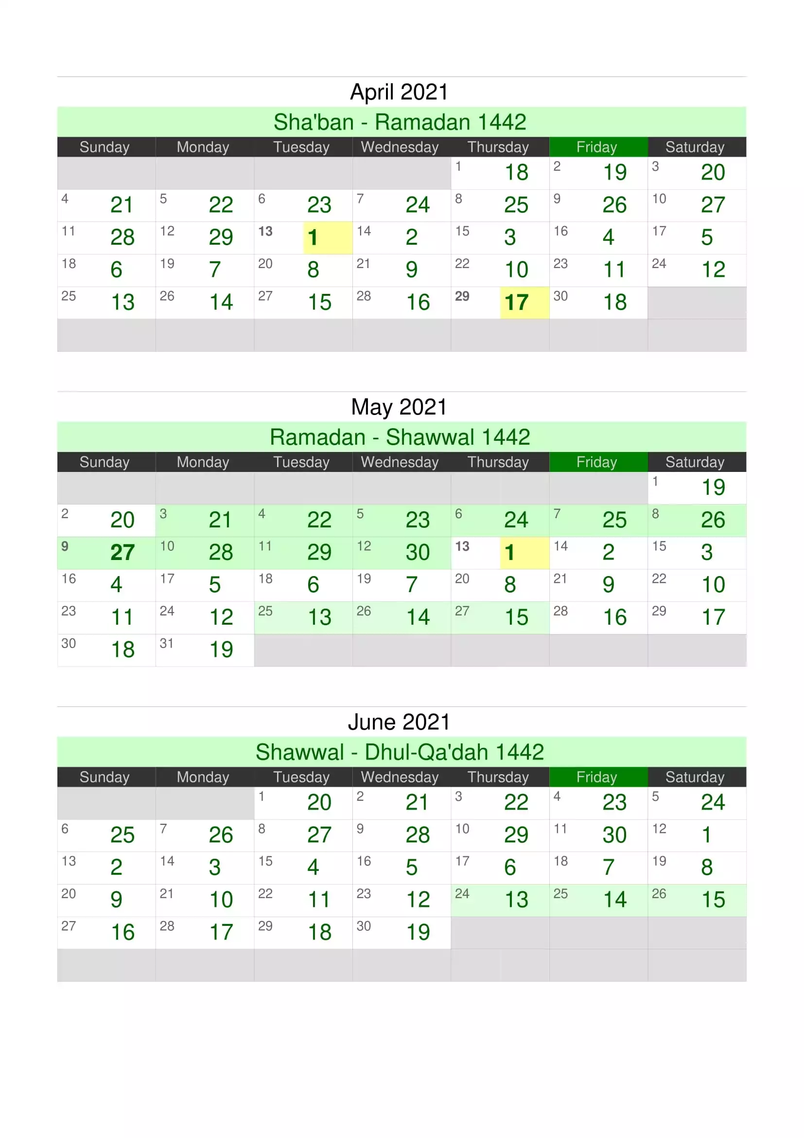 শাবান, রমজান ও শাওয়াল আরবি মাসের ক্যালেন্ডার ২০২২